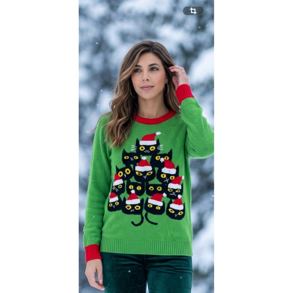 Imagin8 Womens Green Black Cat Christmas Tree Santa Hat Holiday Sweater Medium